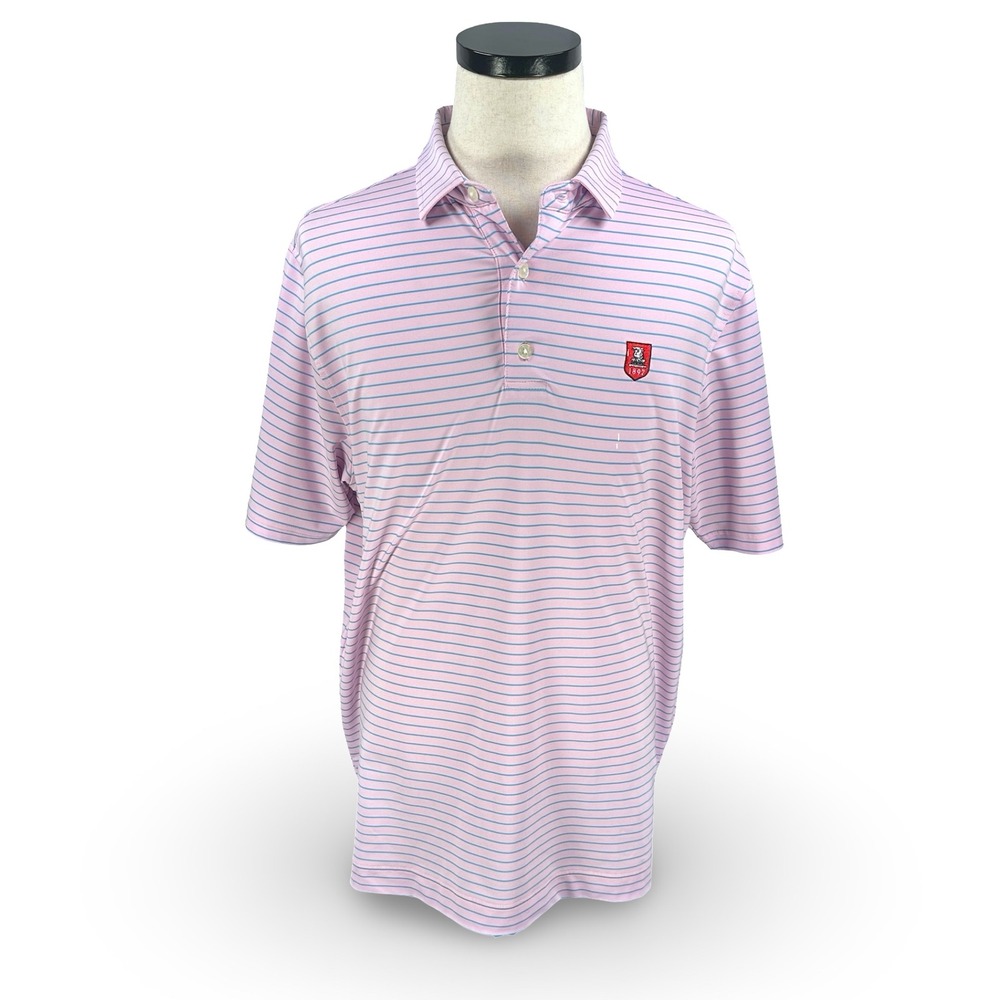 FootJoy Mens Athletic Pink Blue Striped Golf Polo Huntingdon‎ Valley CC Large